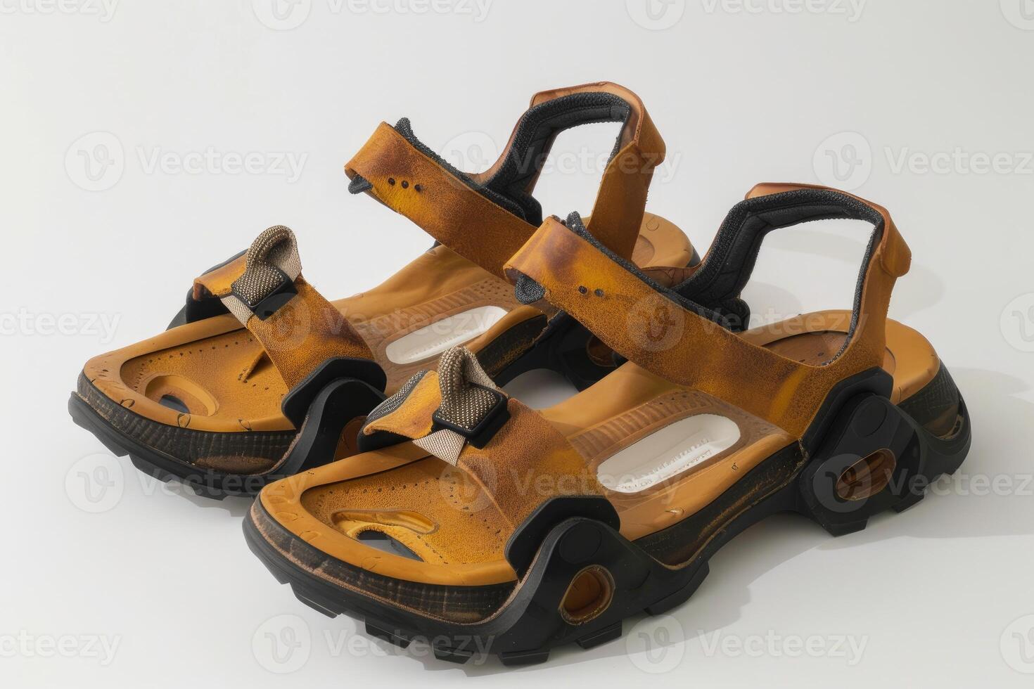 Pair of worn brown leather sandals isolated on white background photo