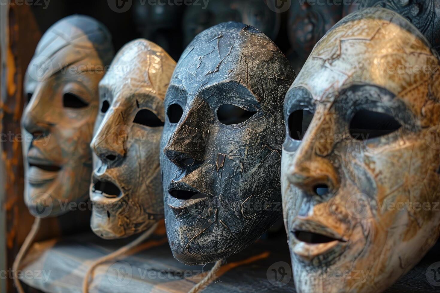Row of theatrical masks showing different human emotions photo