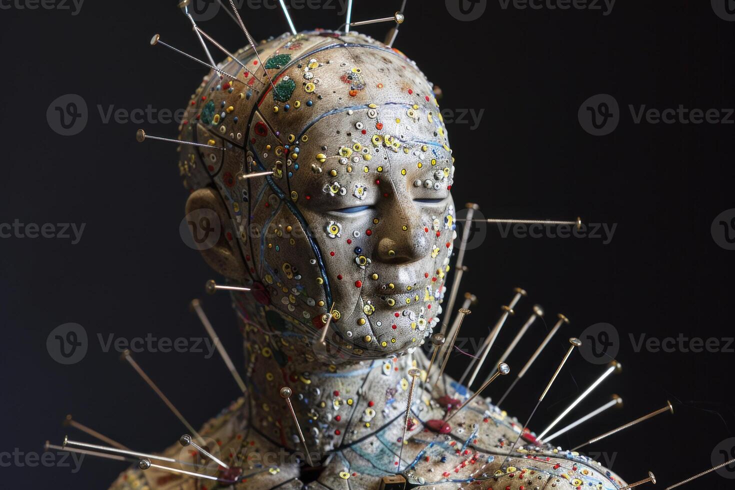 Acupuncture model showing meridians and points with needles on black background photo