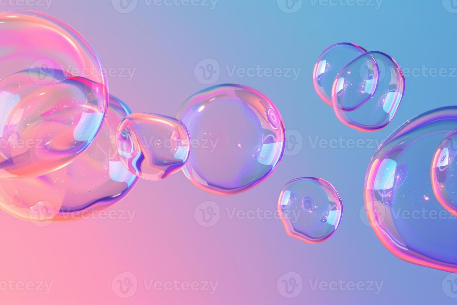 Soap bubbles floating on gradient pastel pink and blue background photo