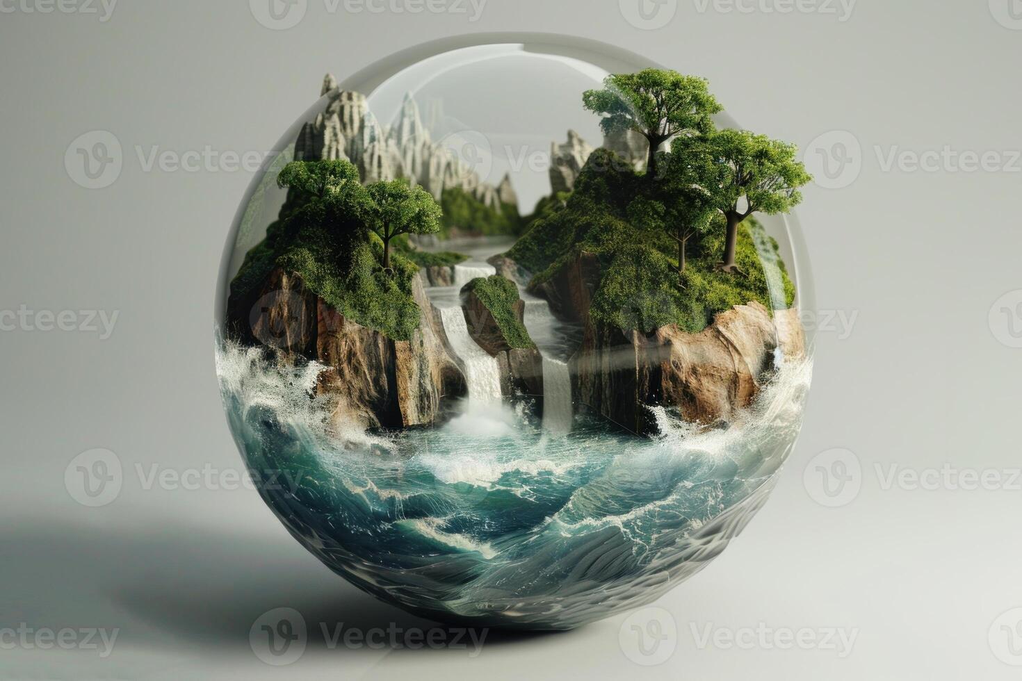 Miniature world existing inside glass sphere with raging waterfalls photo