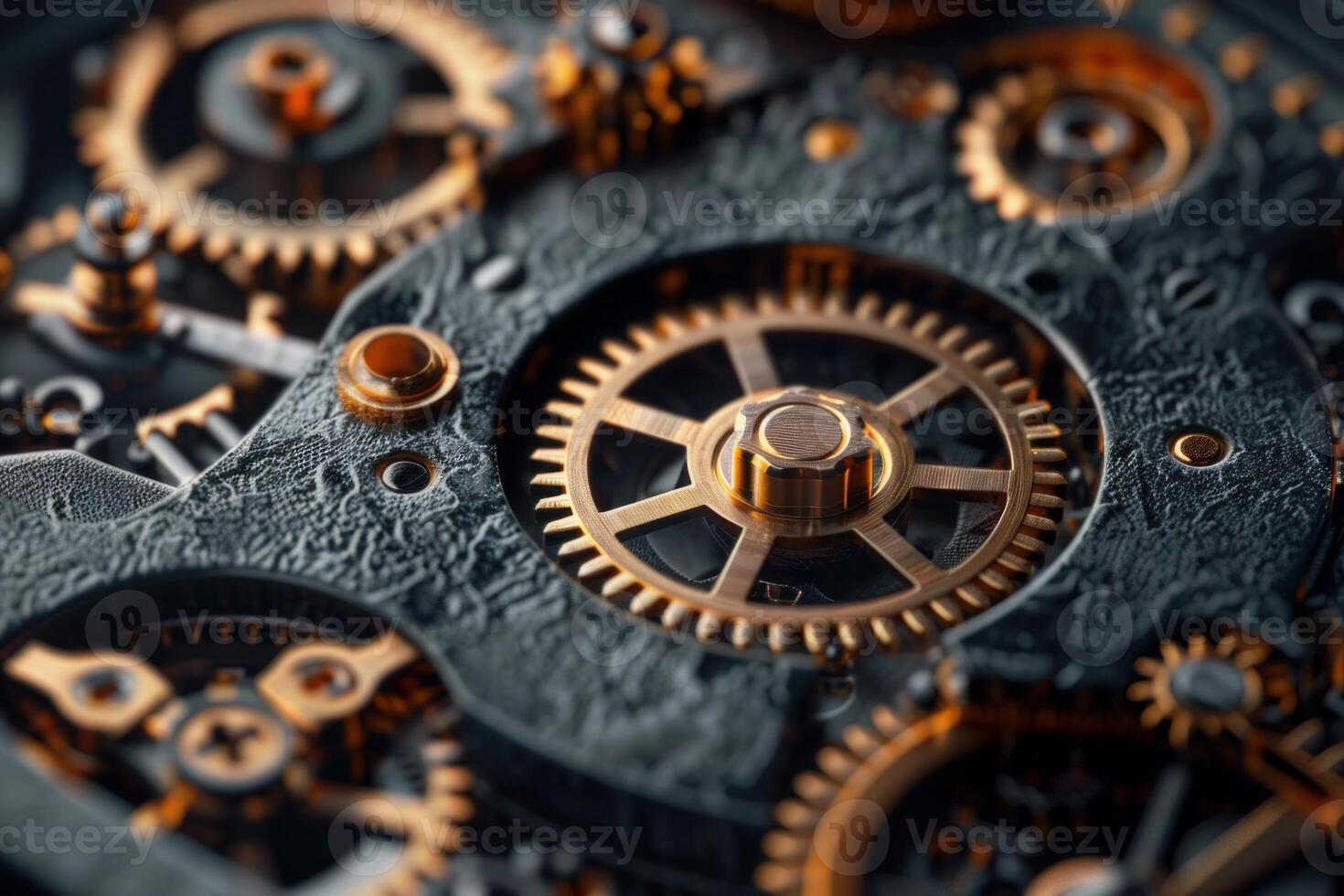 Complex clockwork mechanism with interlocking gears operating photo