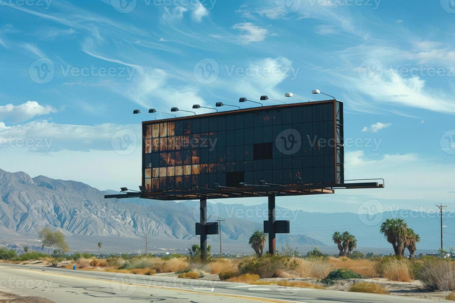 Old large blank billboard sign standing by empty road photo