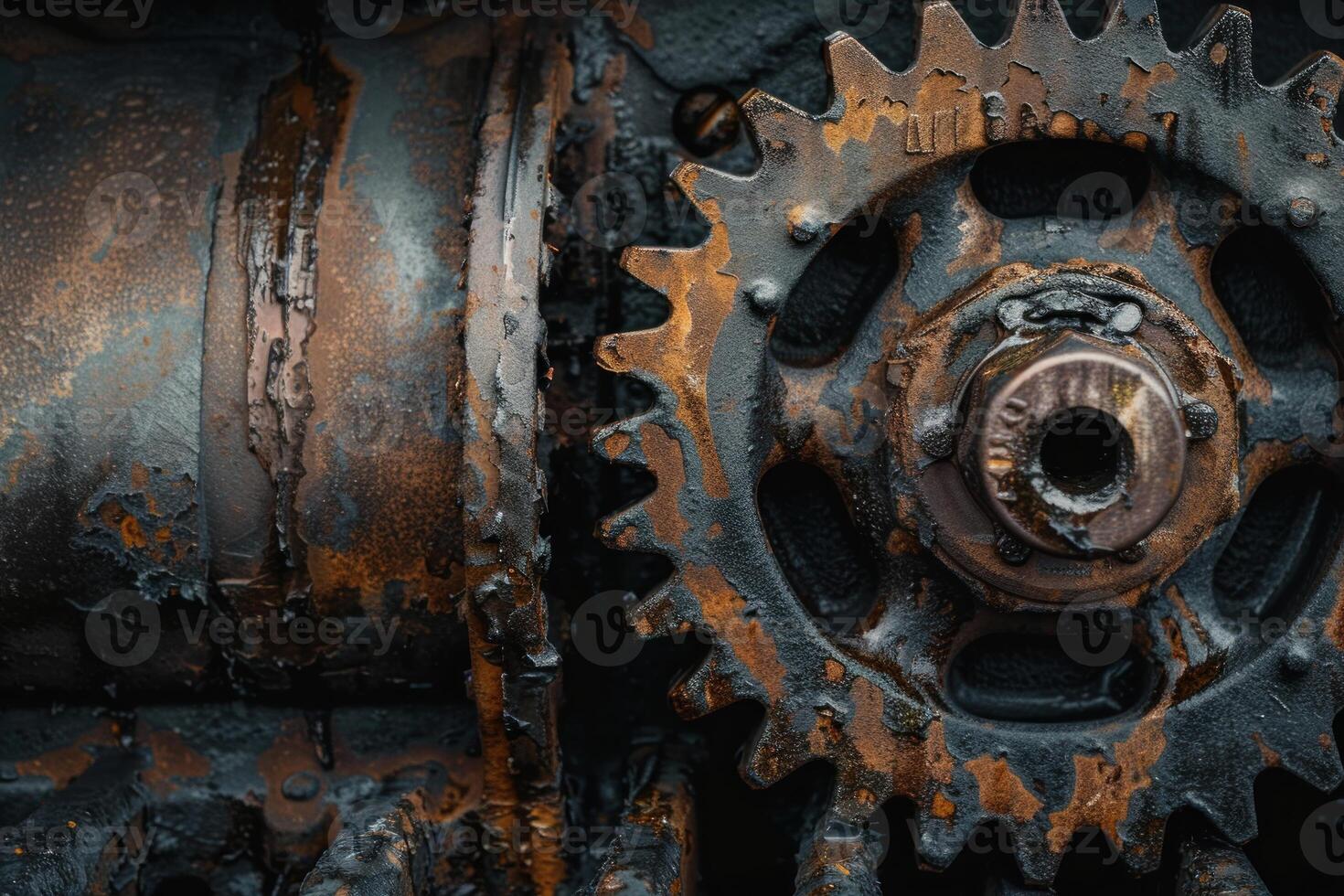 Old rusty gear covered with black grease is being part of large industrial mechanism photo
