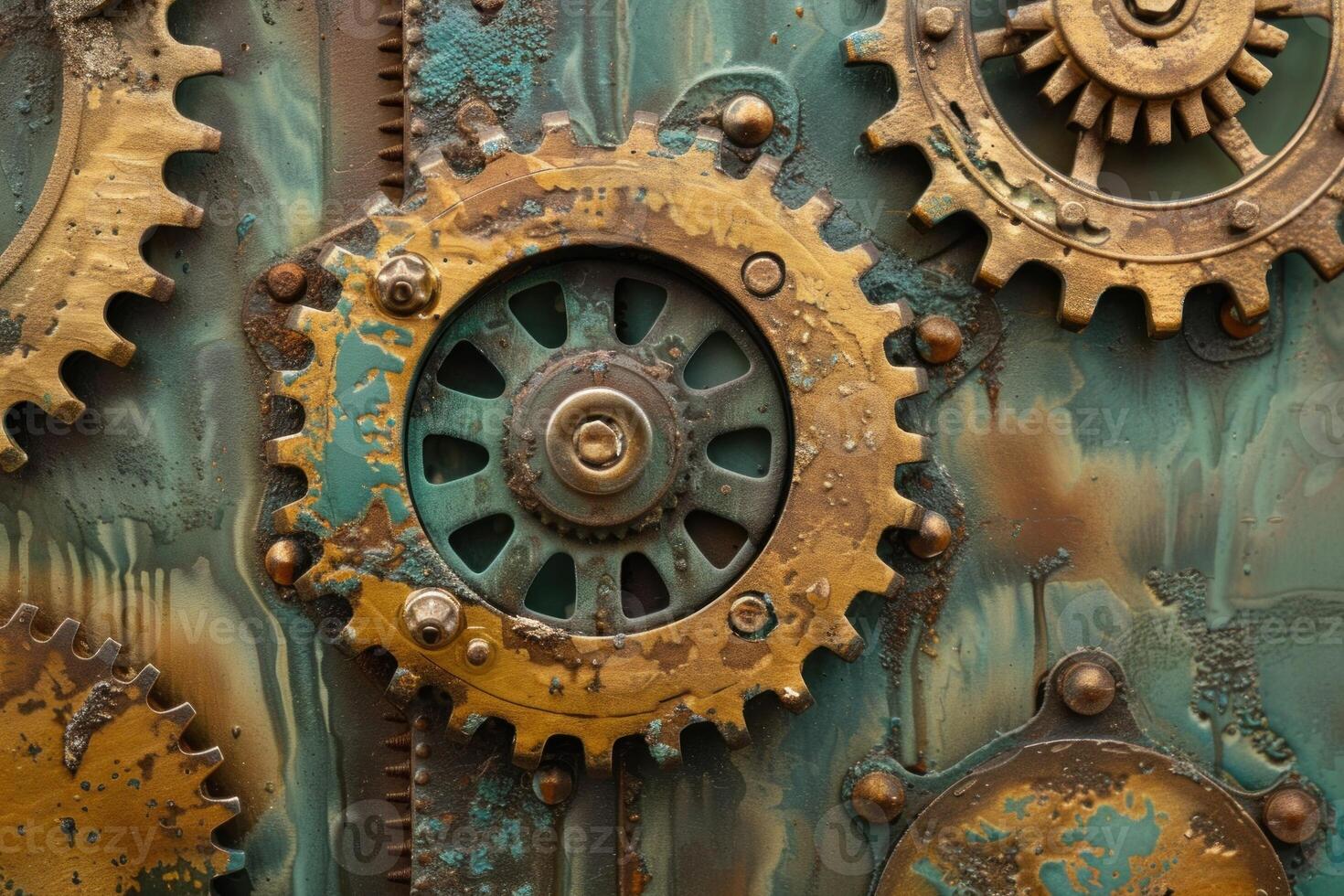 Closeup of interlocking industrial gears forming intricate mechanism photo
