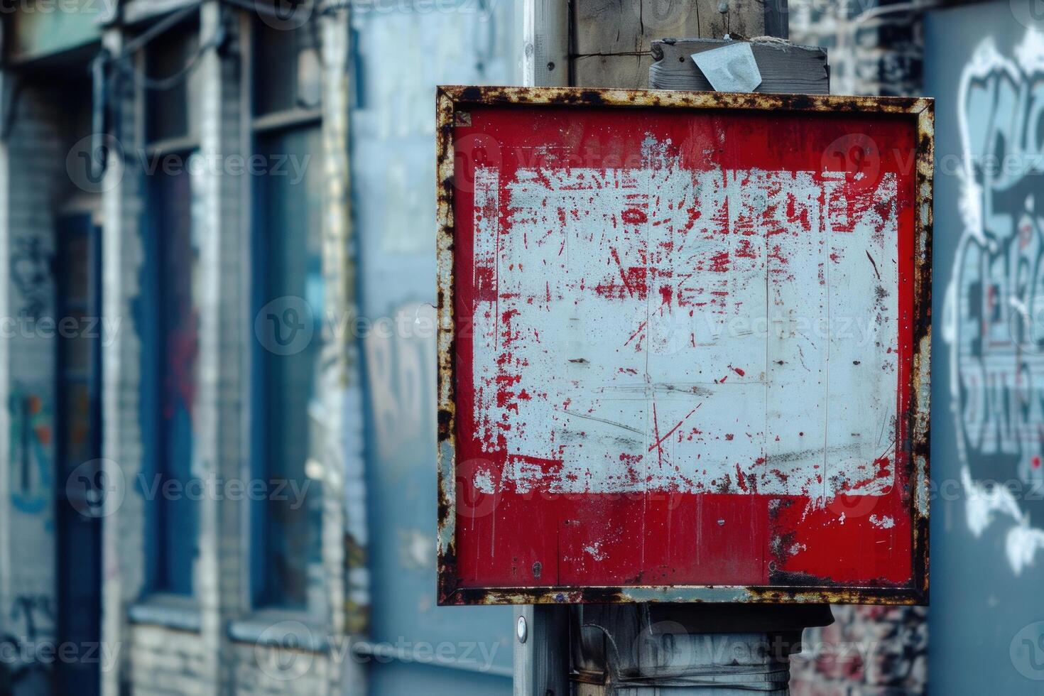 Rusty red and white sign hanging on post in urban setting photo