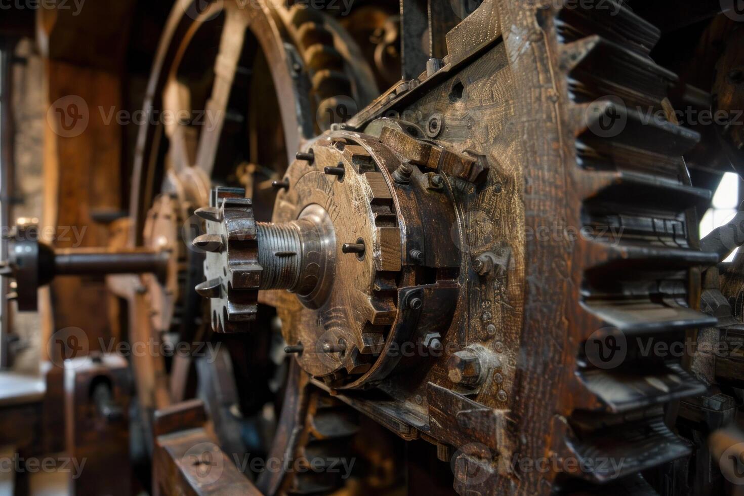 Old rusty cogs and gears turning in an abandoned mill photo