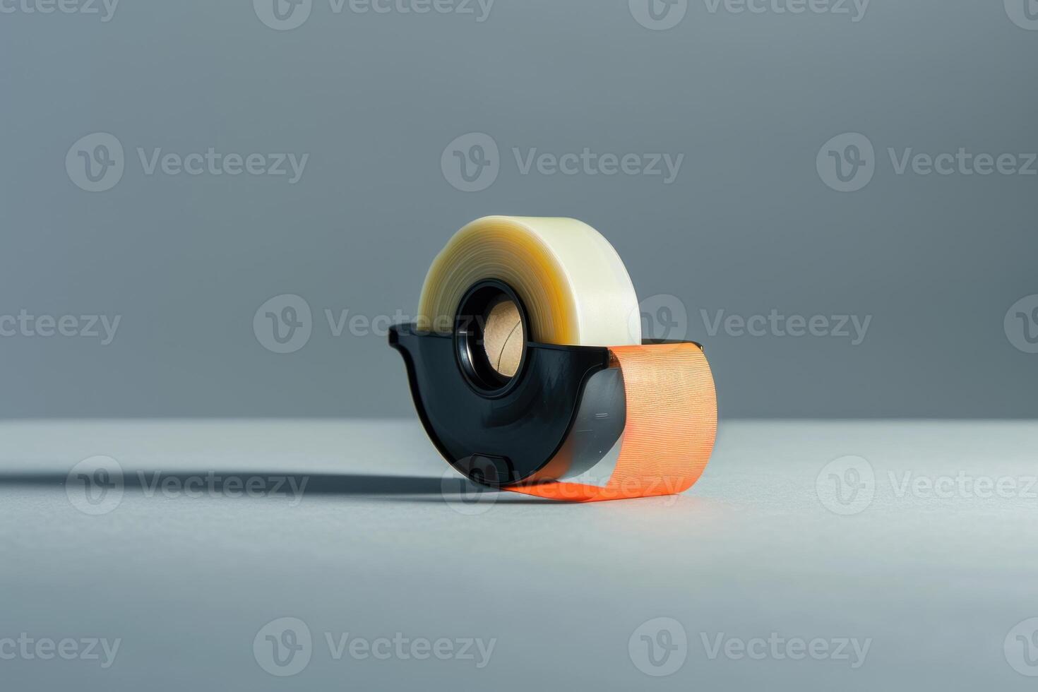 Orange and transparent adhesive tape dispenser casting a shadow on a gray background photo