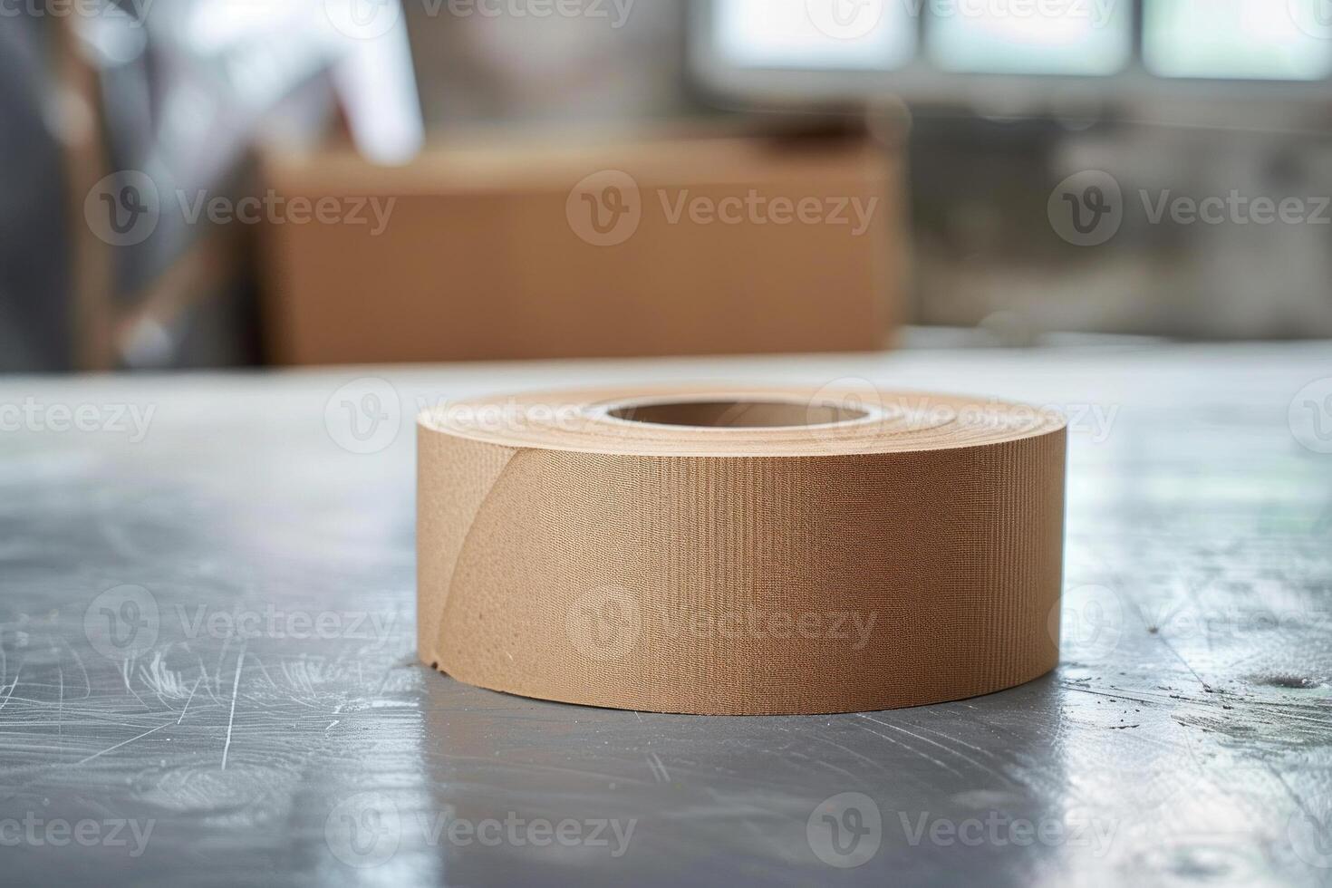 Large roll of brown packing tape sitting on table in warehouse photo
