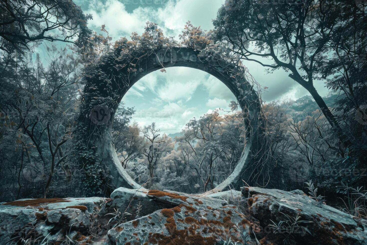Stone circle covered in vines framing a view of a forest in infrared photo