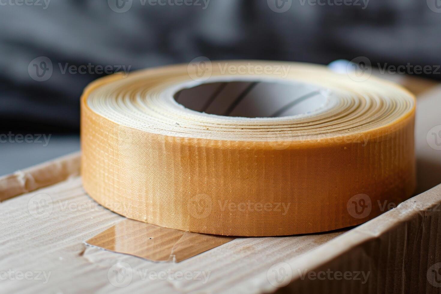 Roll of brown packing tape sitting on cardboard box photo