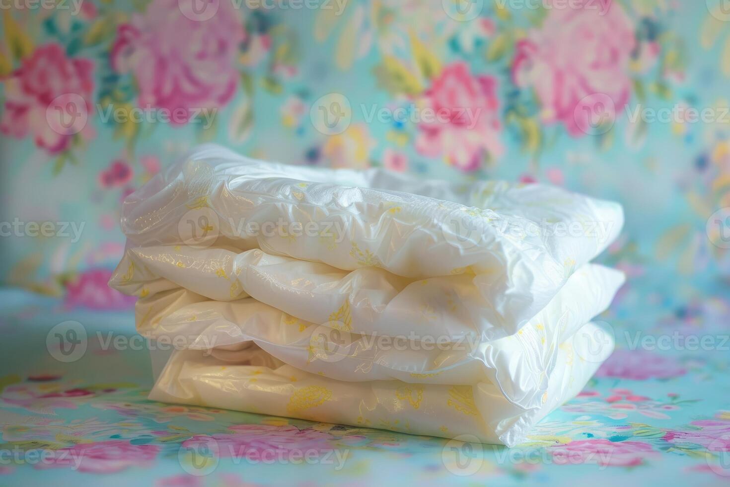 Stack of disposable diapers on floral pattern background photo