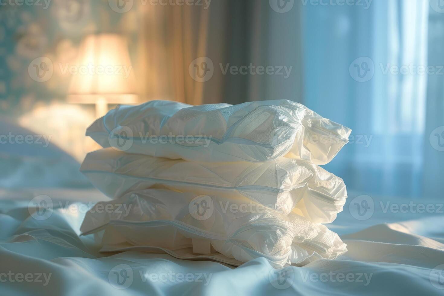 Stack of adult diapers laying on a bed in a bedroom photo