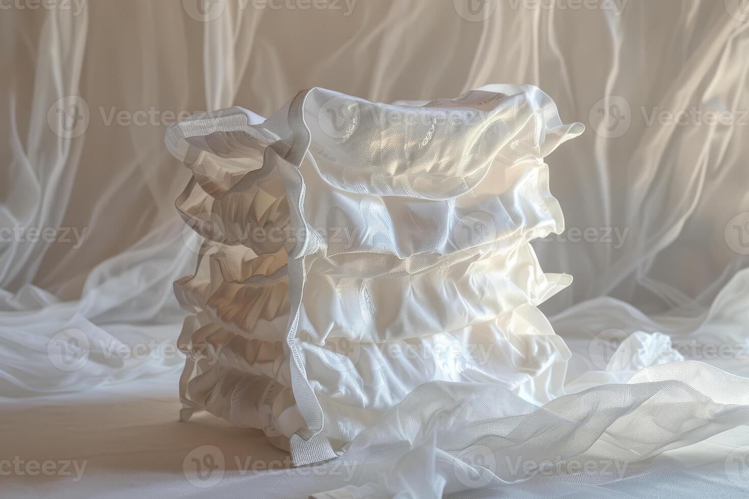 White silk fabric forming elegant ruffles on soft background photo