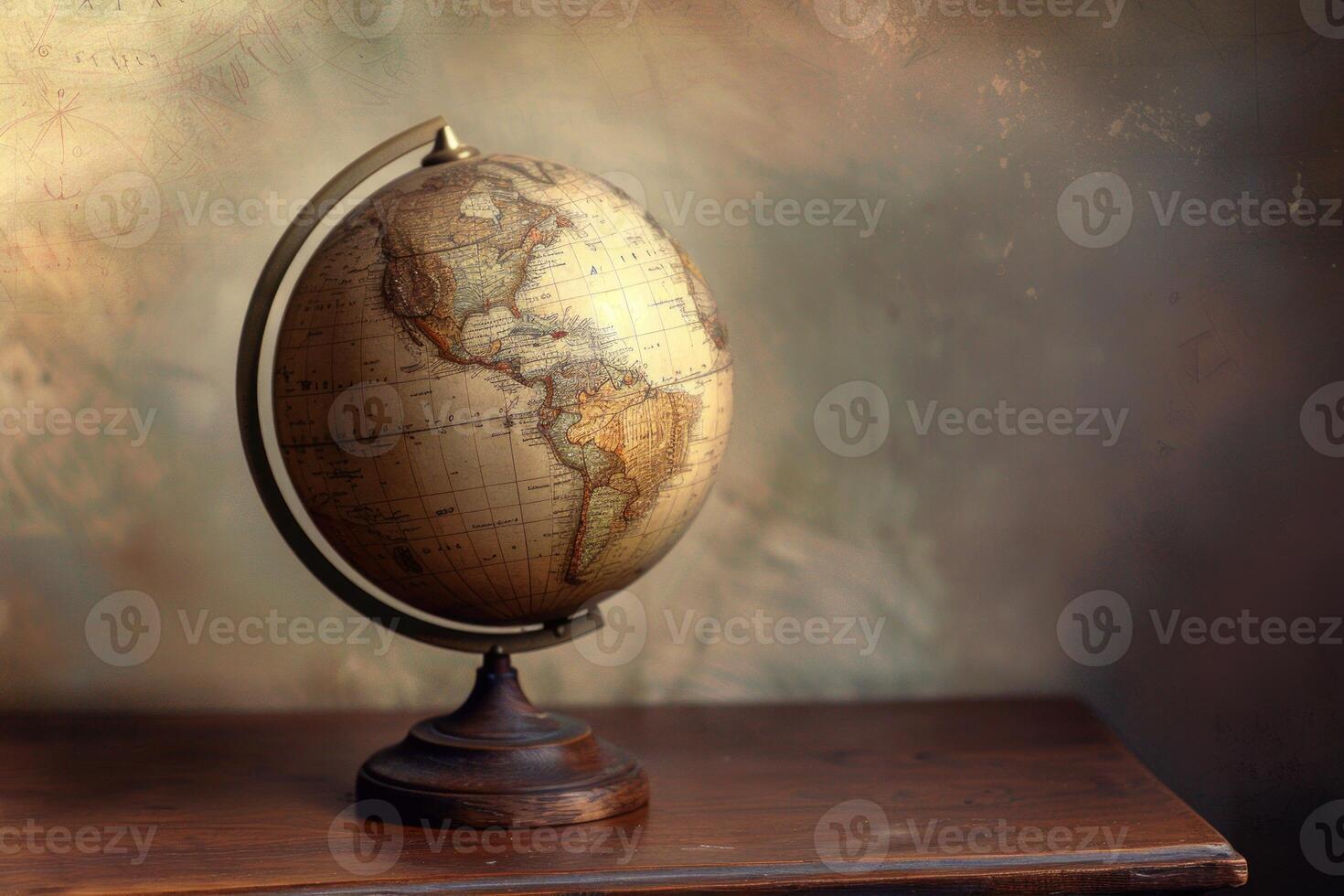 Antique world globe sitting on desk with world map in background photo