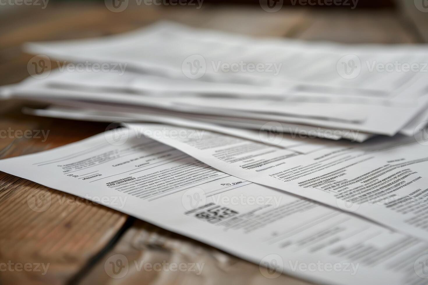 Stack of unsorted paperwork sitting on wooden table photo
