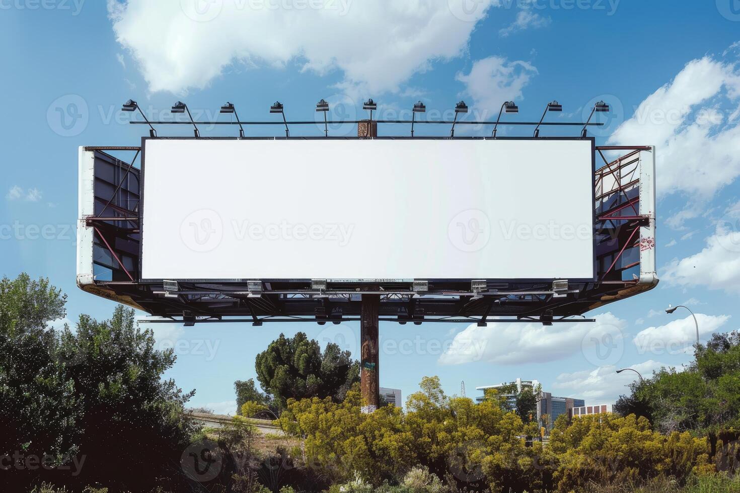 Large blank billboard sign displaying on blue sky background photo
