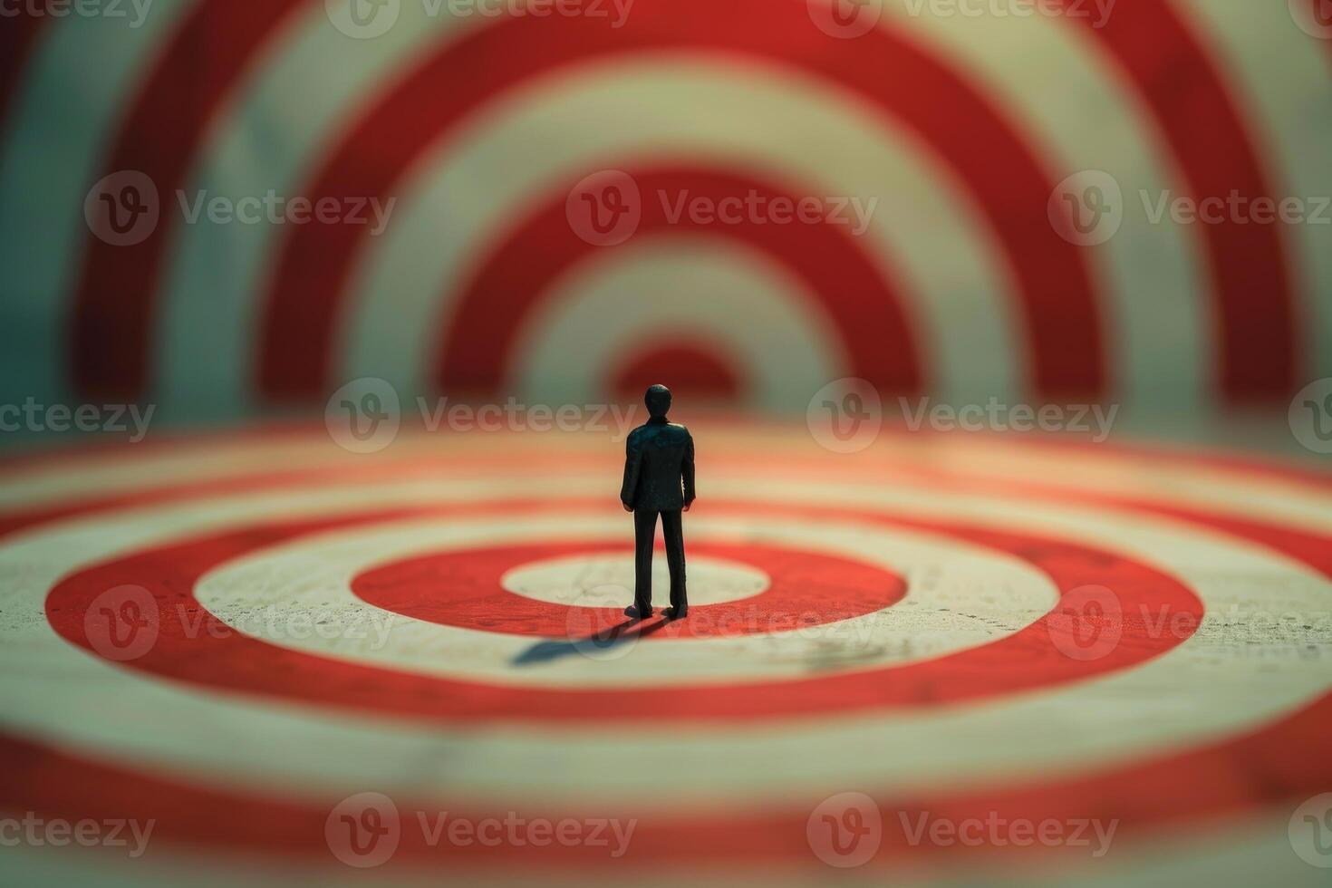 Businessman standing on target symbol looking at big target challenge photo