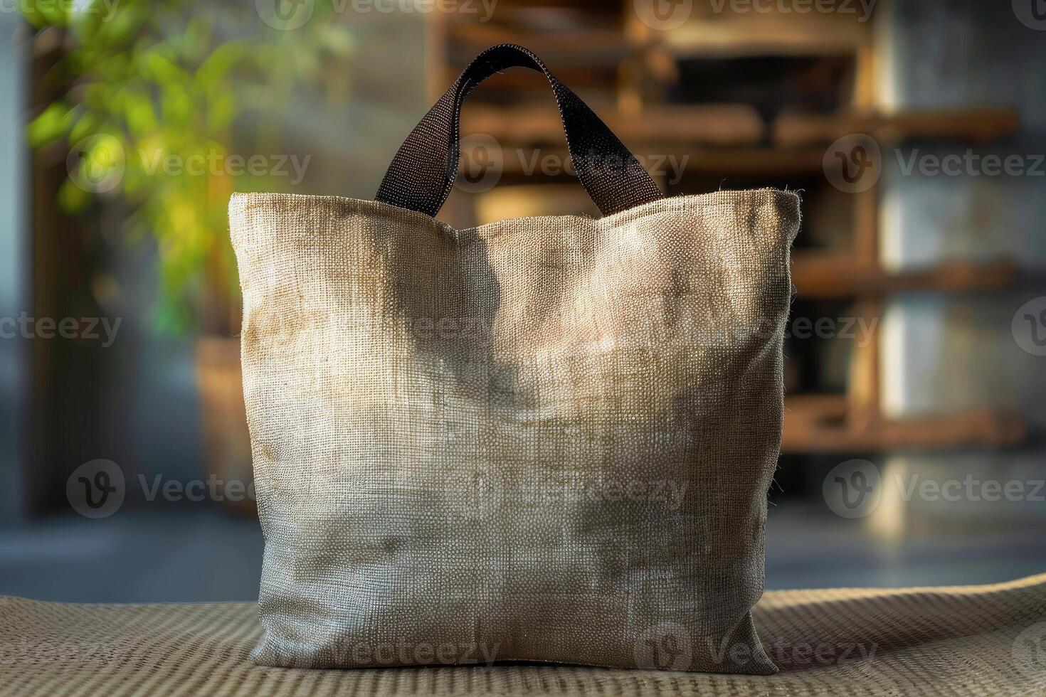 Beige tote bag standing on carpet, sustainable bag concept photo
