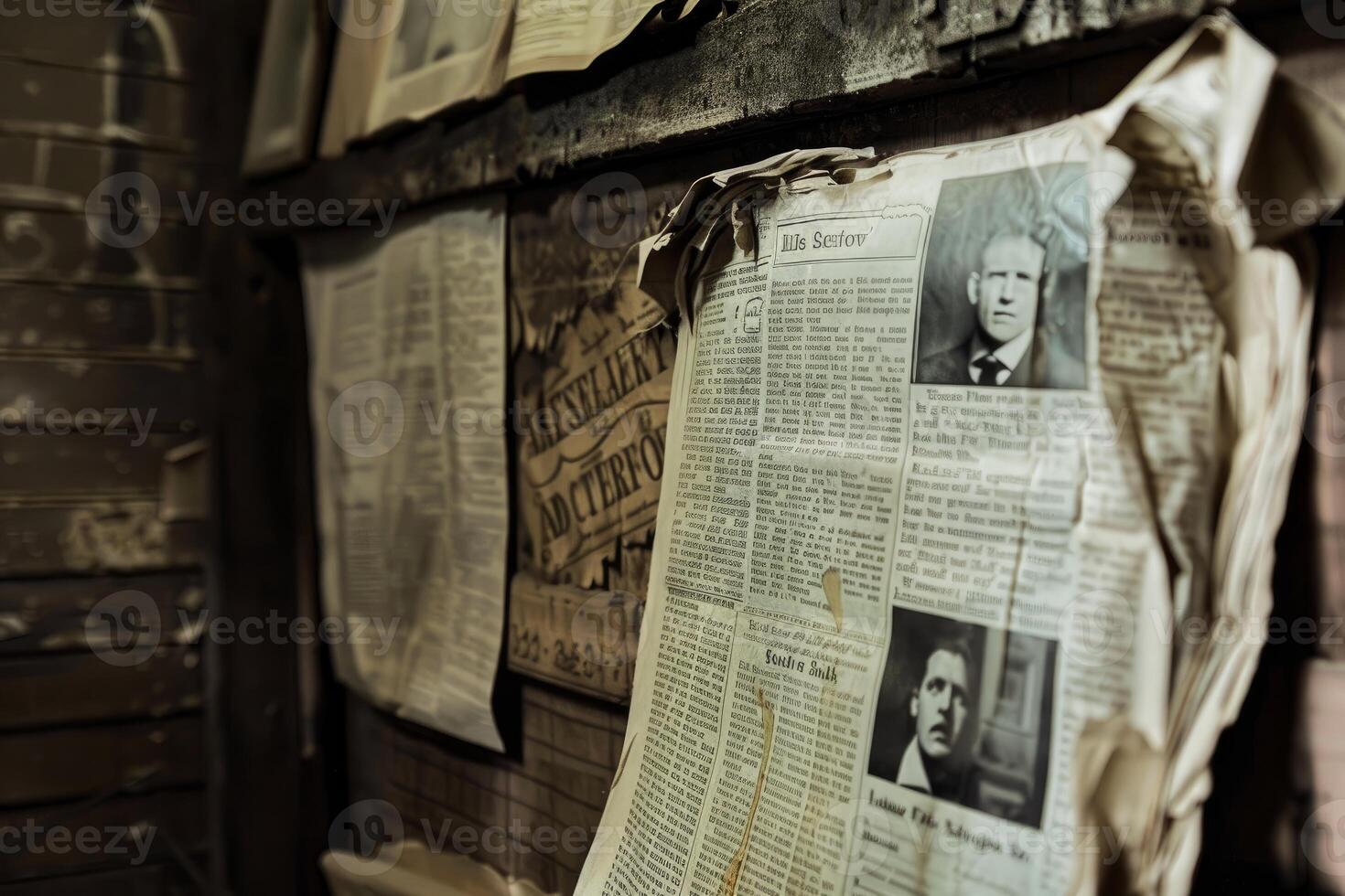 Old newspapers and posters hanging on wooden wall showing aging and history photo