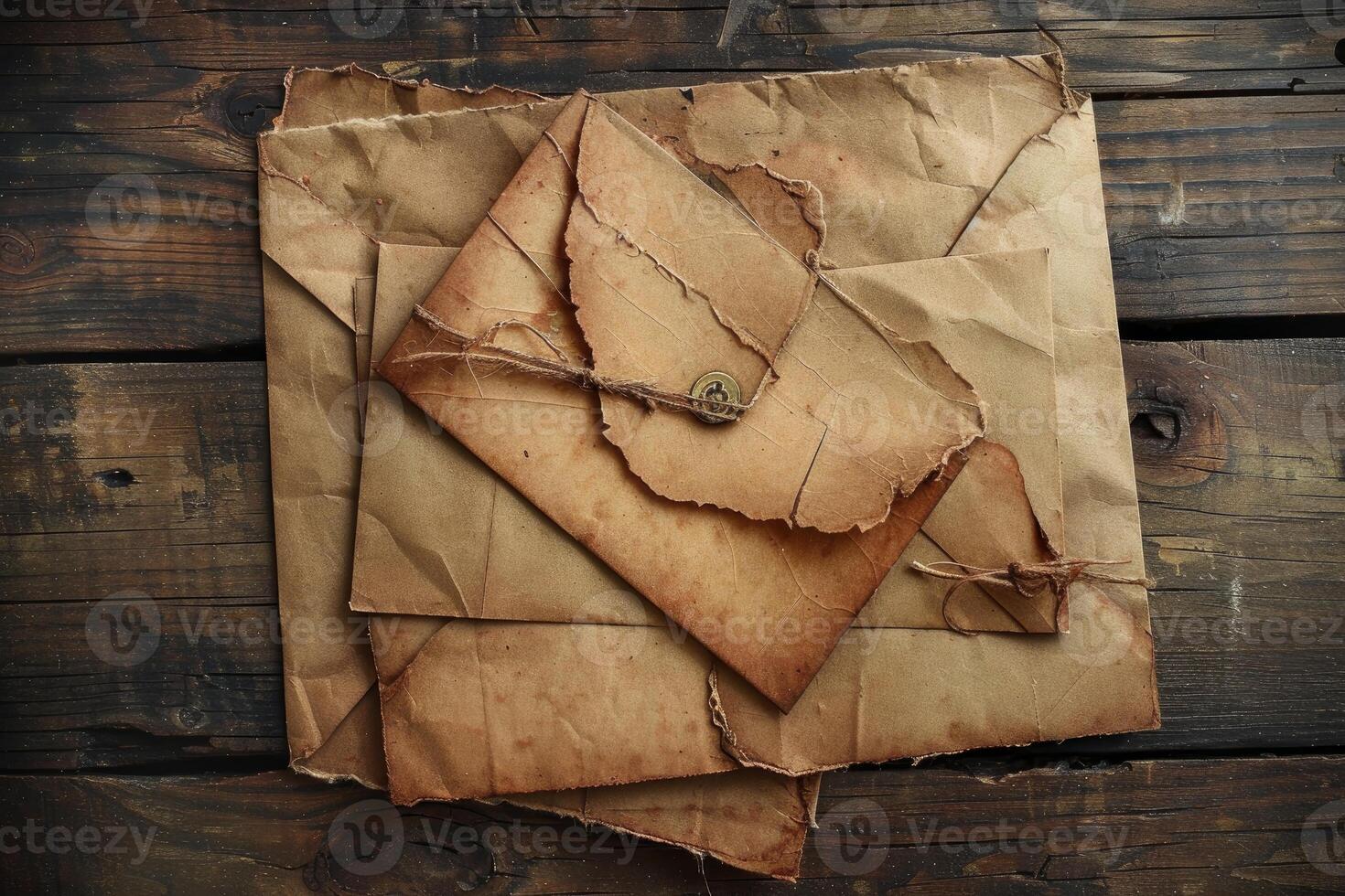 Stack of old weathered letters tied with string lying on wooden table photo