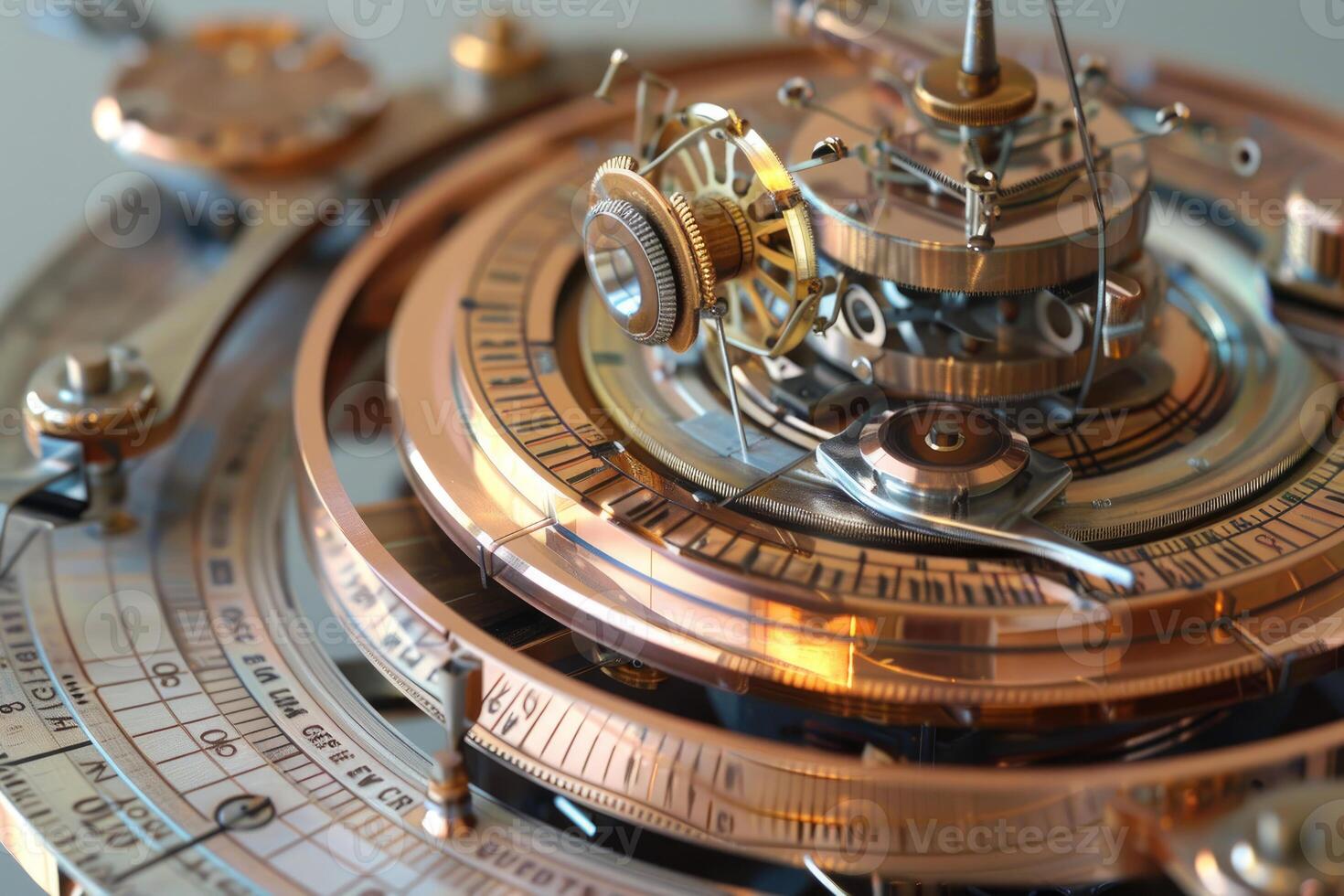 Complex mechanism of a copper astrolabe showing its intricate gears photo