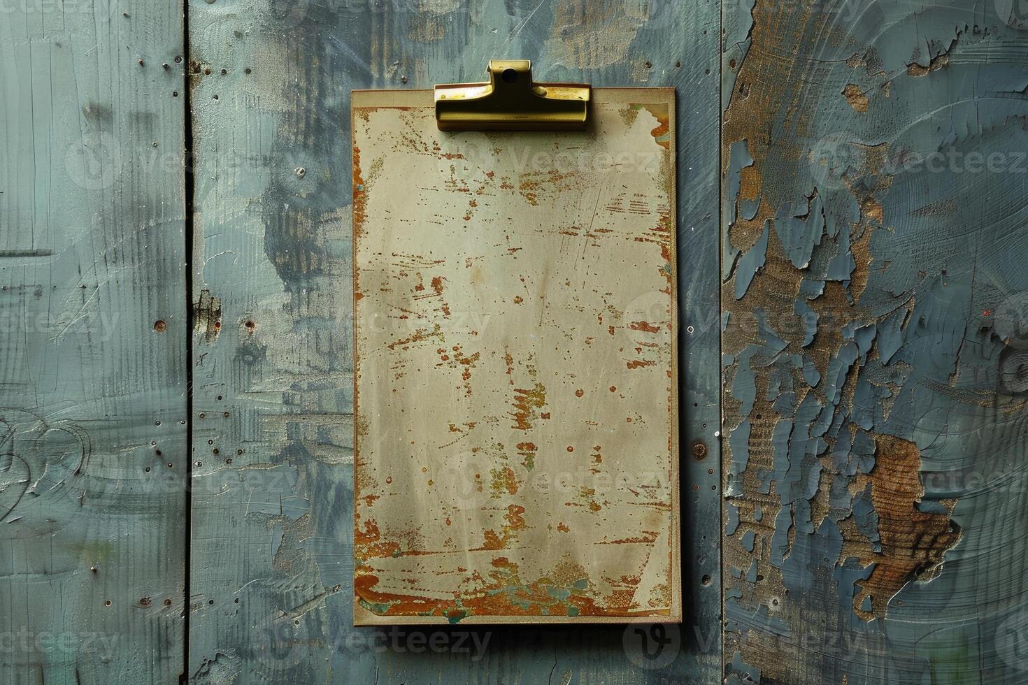 Old clipboard hanging on weathered wooden wall with copy space photo