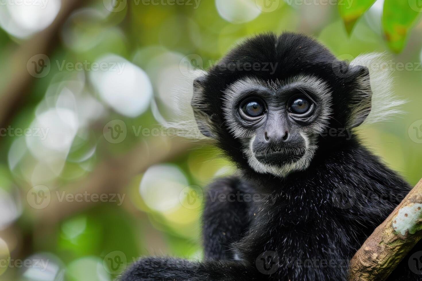 Young black monkey sitting on a tree branch in a tropical forest photo