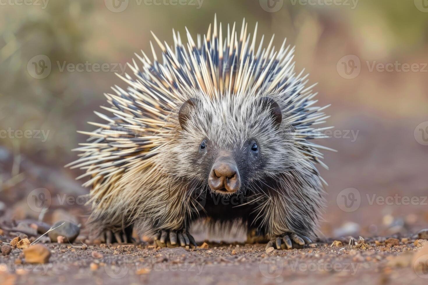 Crested porcupine walking on a dirt road in africa photo