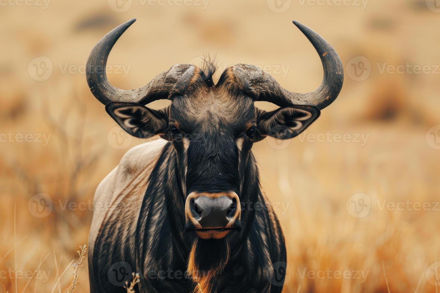 Black wildebeest posing with big horns in the savannah photo