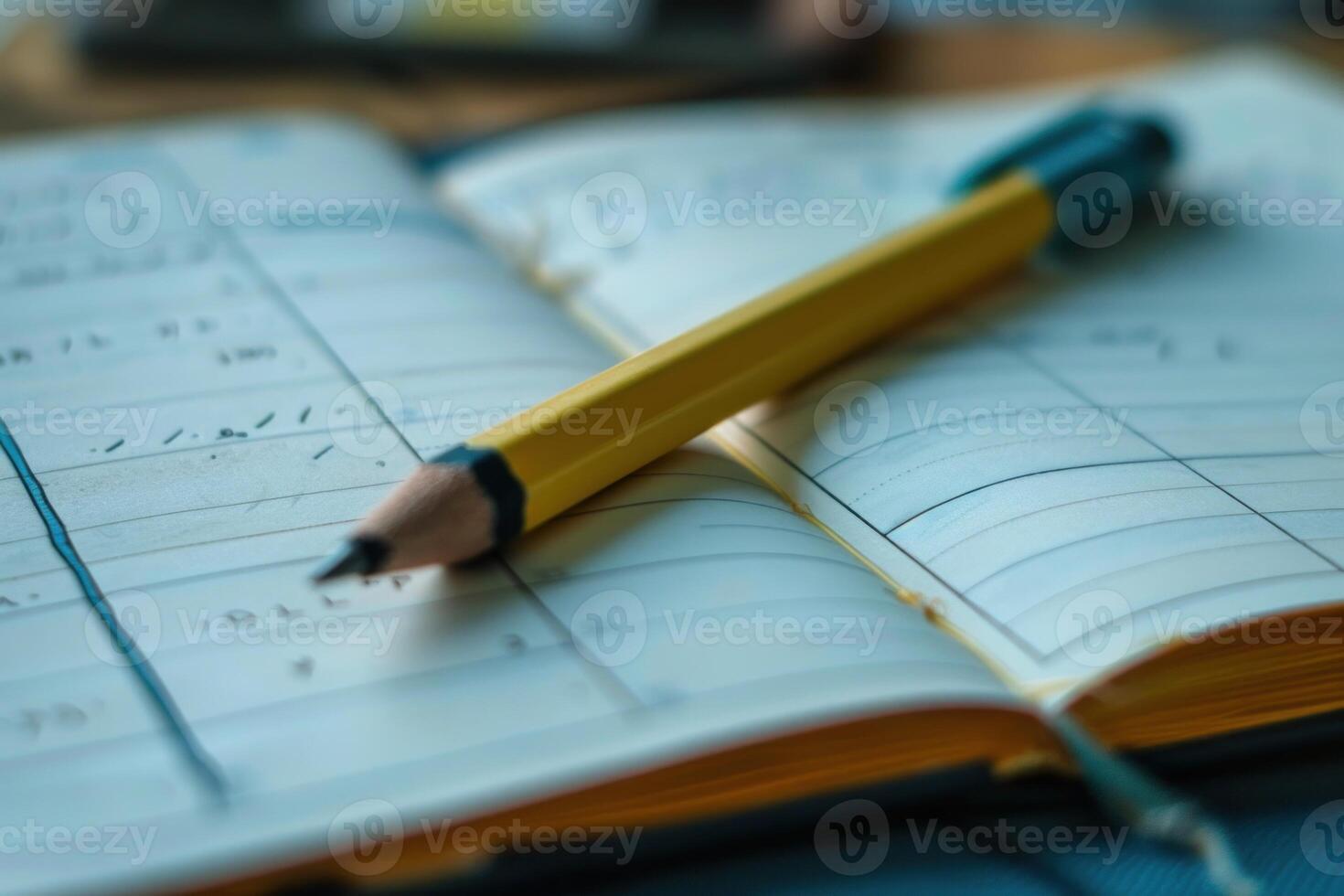Yellow pencil lying on open day planner showing week ahead photo