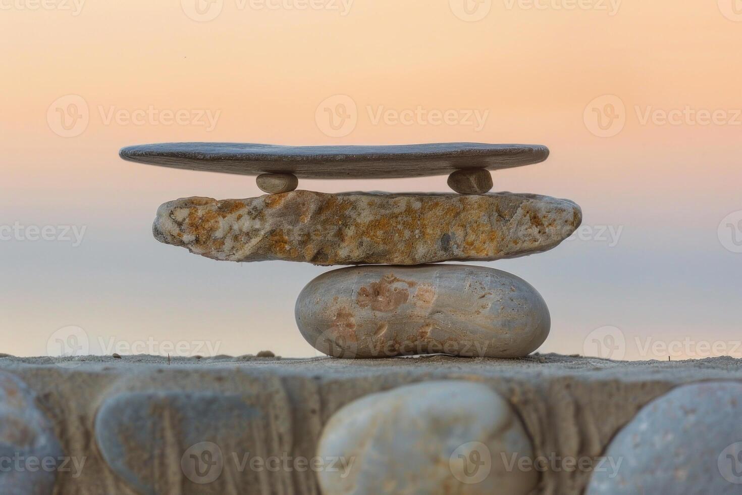 Balancing rocks symbolizing stability and harmony on the beach at sunset photo