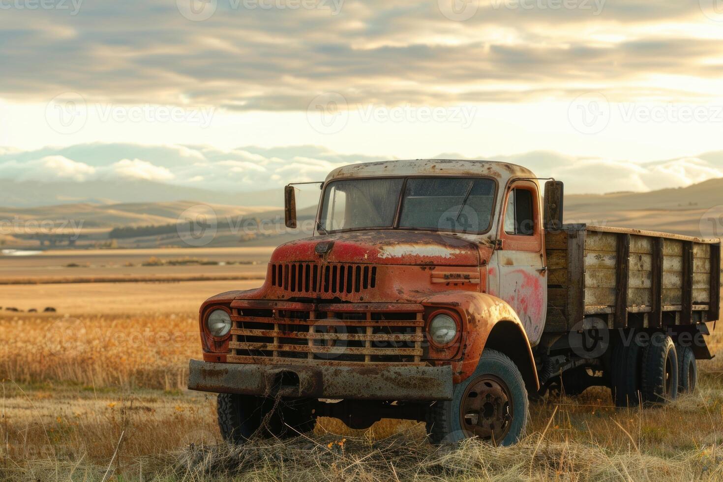 Old rusty truck sitting in faded glory on a farm at sunset photo