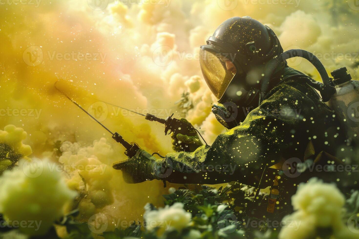 Firefighter battling wildfire with smoke and flames surrounding photo