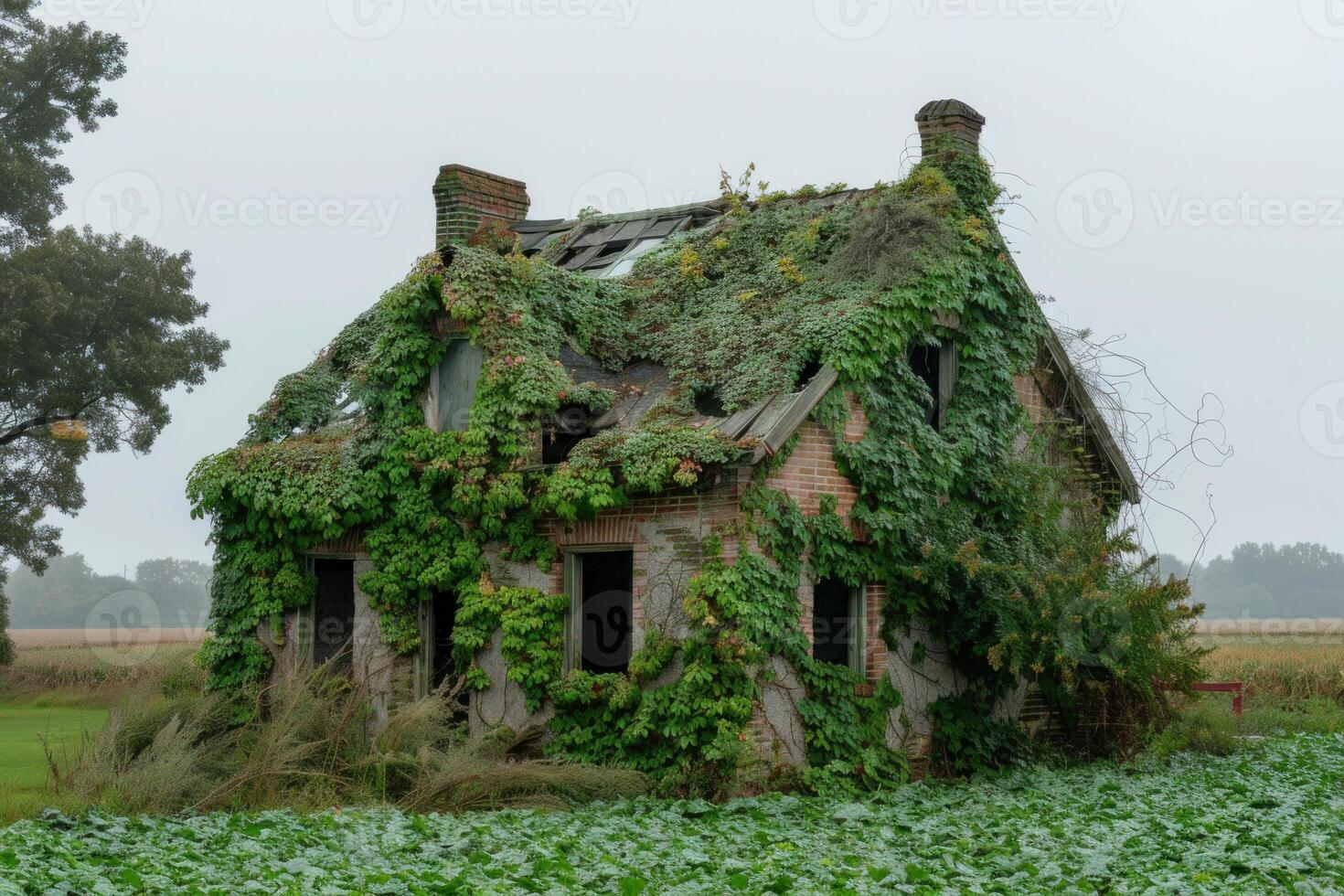 Abandoned house being reclaimed by nature overgrown with vines photo
