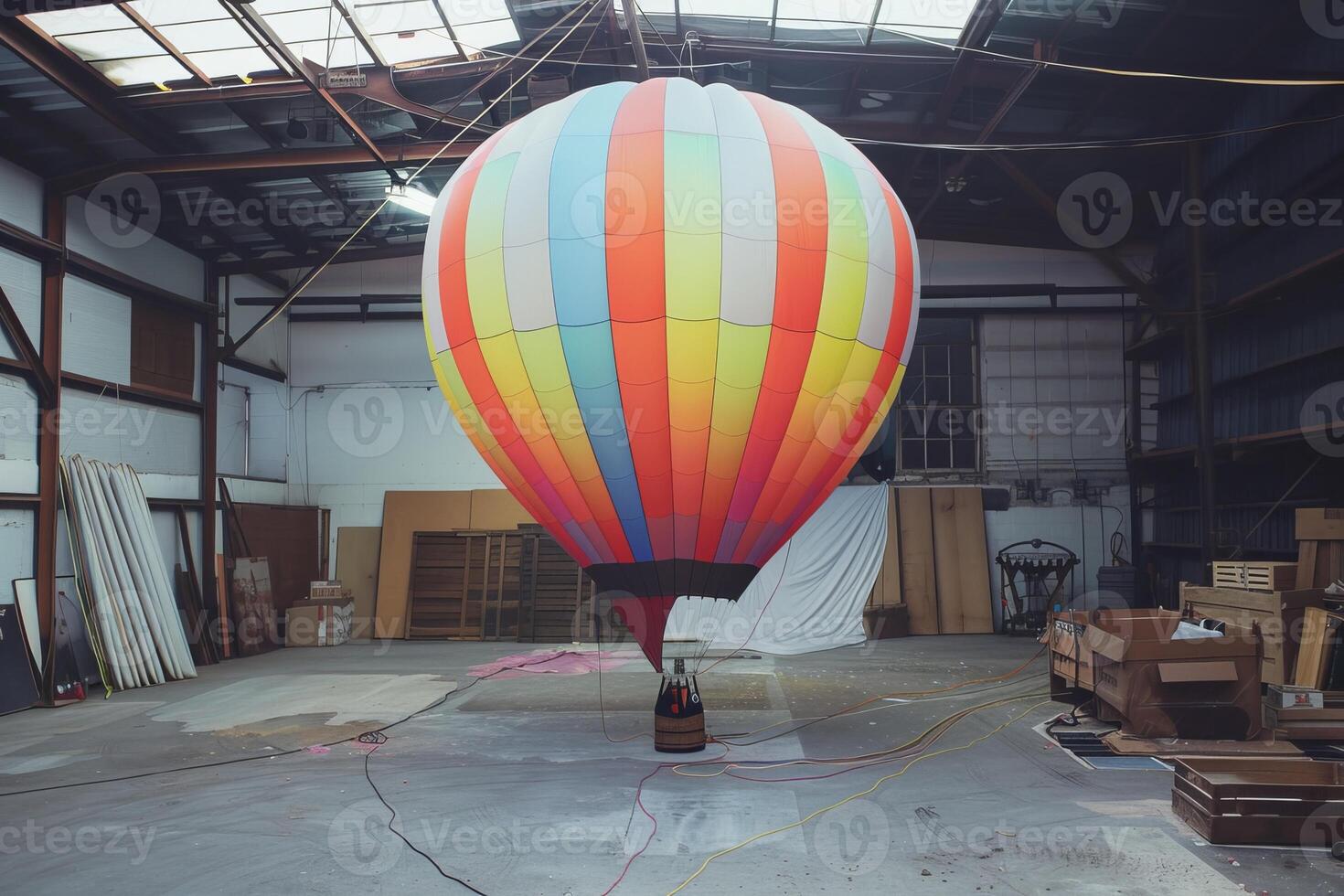 Hot air balloon being prepared for flight inside warehouse photo