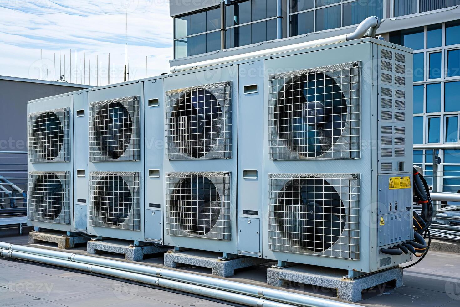 Air conditioner units cooling a building on a rooftop on a sunny day photo
