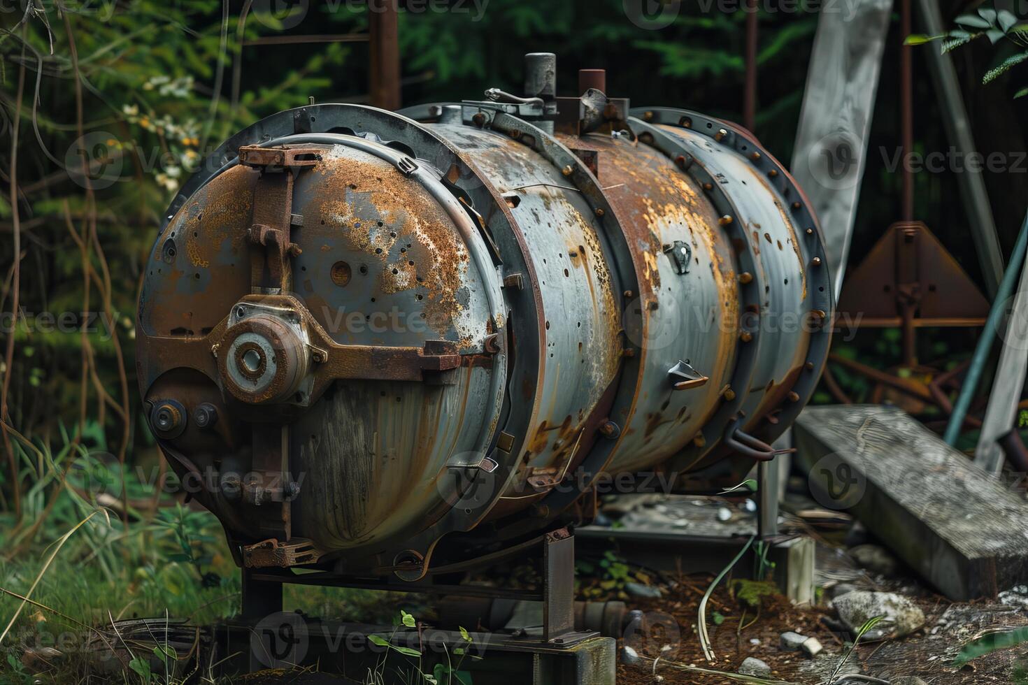 Old rusty industrial machine rotting in the woods photo