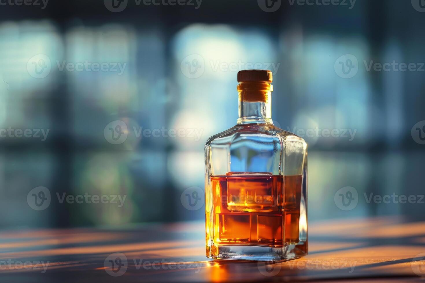 Bottle of alcohol sitting on table in front of window photo