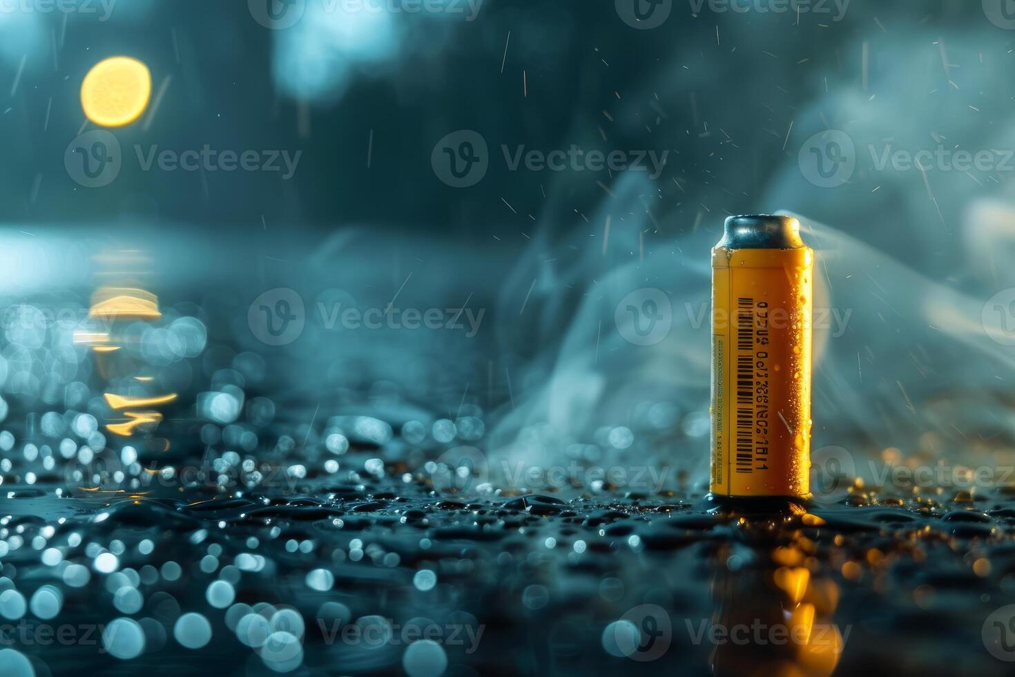 Electronic cigarette releasing vapor while standing on wet surface at night photo