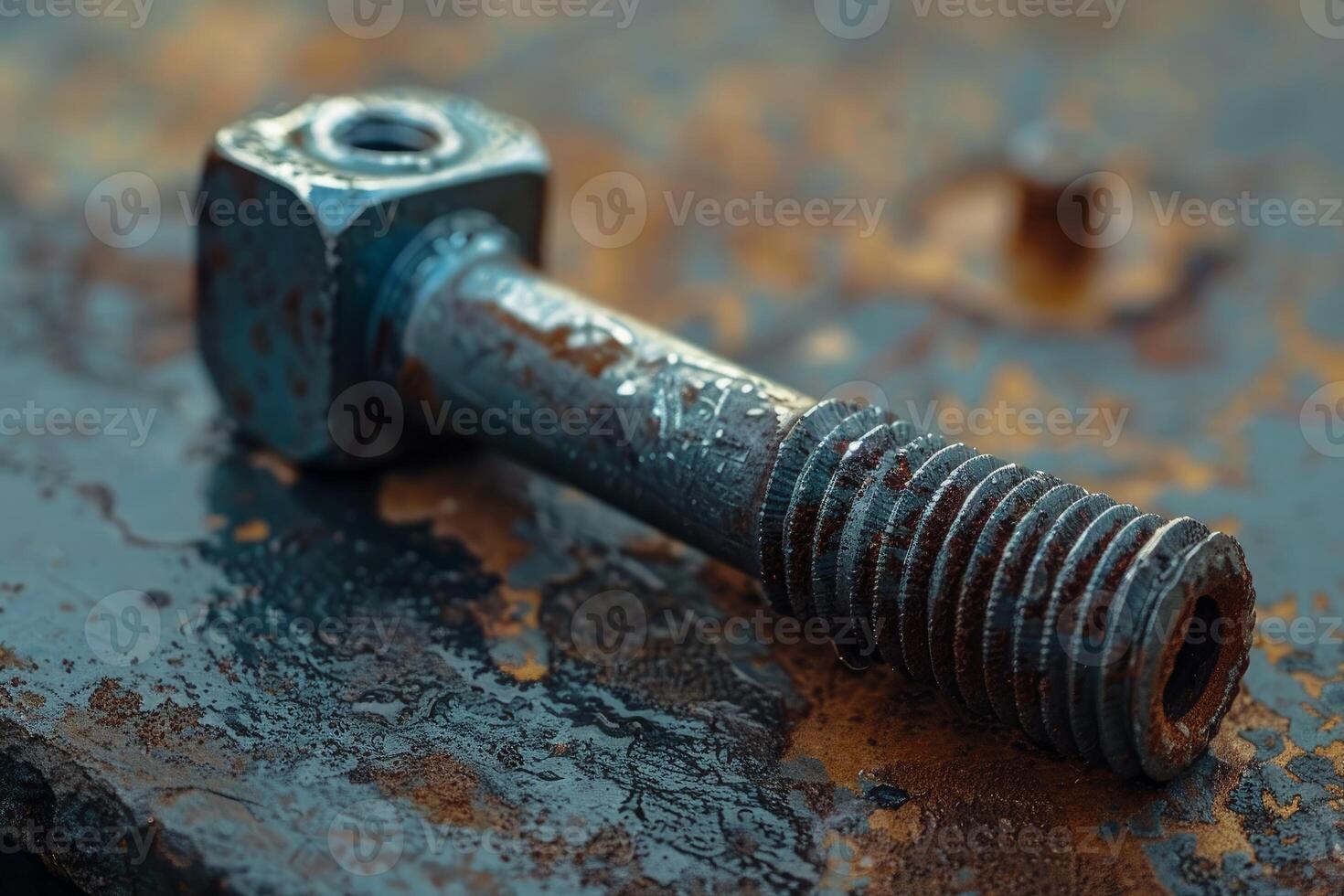 Rusty bolt lying on metal surface with shallow depth of field photo