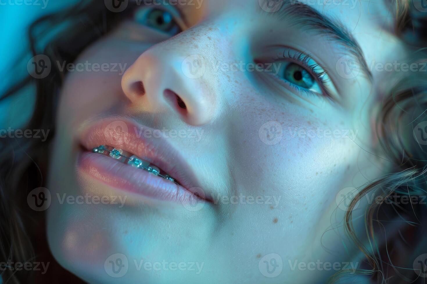 Teenage girl with braces smiling and looking up with hope photo