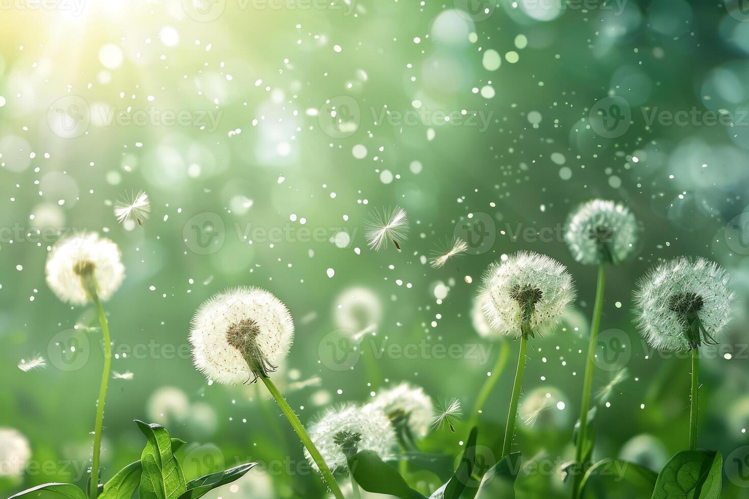 Dandelion seeds blowing in wind on green background on sunny day photo