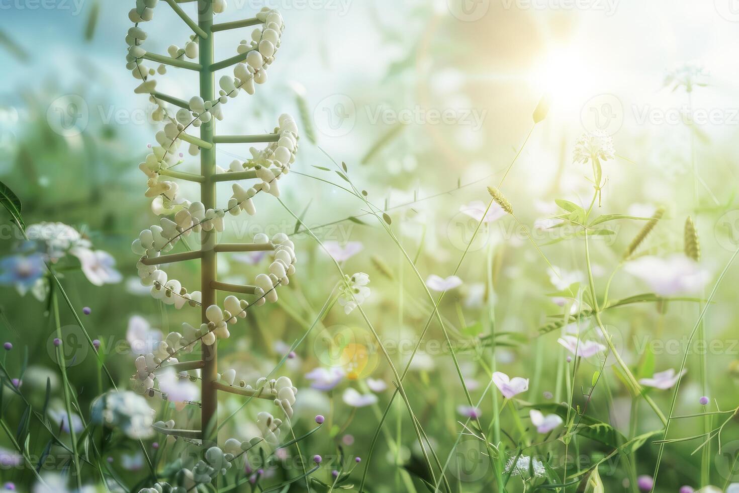 Dna strand growing in a field of flowers symbolizing genetic research photo