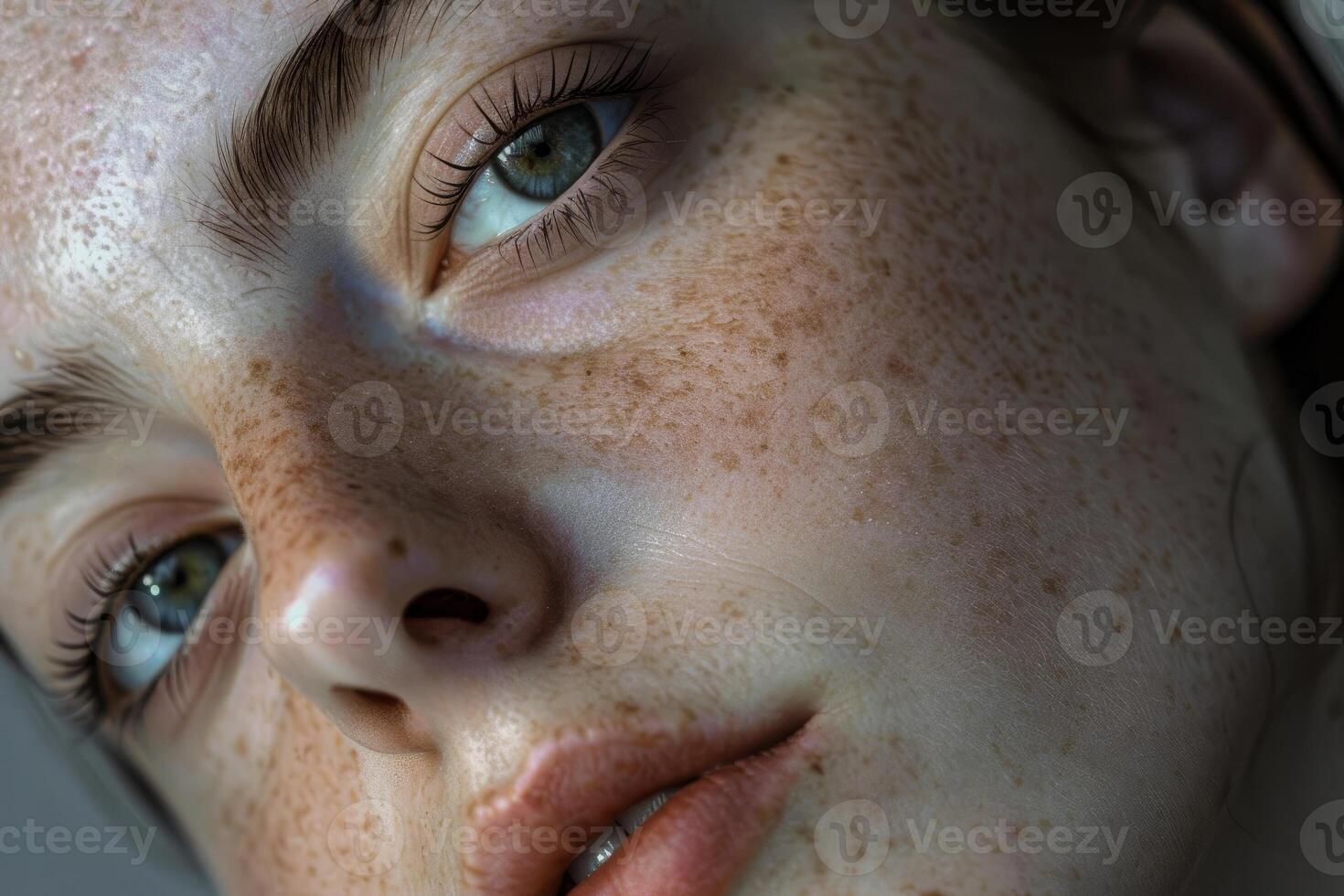 Close up portrait of a young woman showing her freckles photo