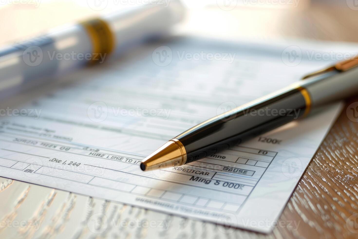 Elegant pen lying on a medical bill with prescription medication in soft focus in background photo