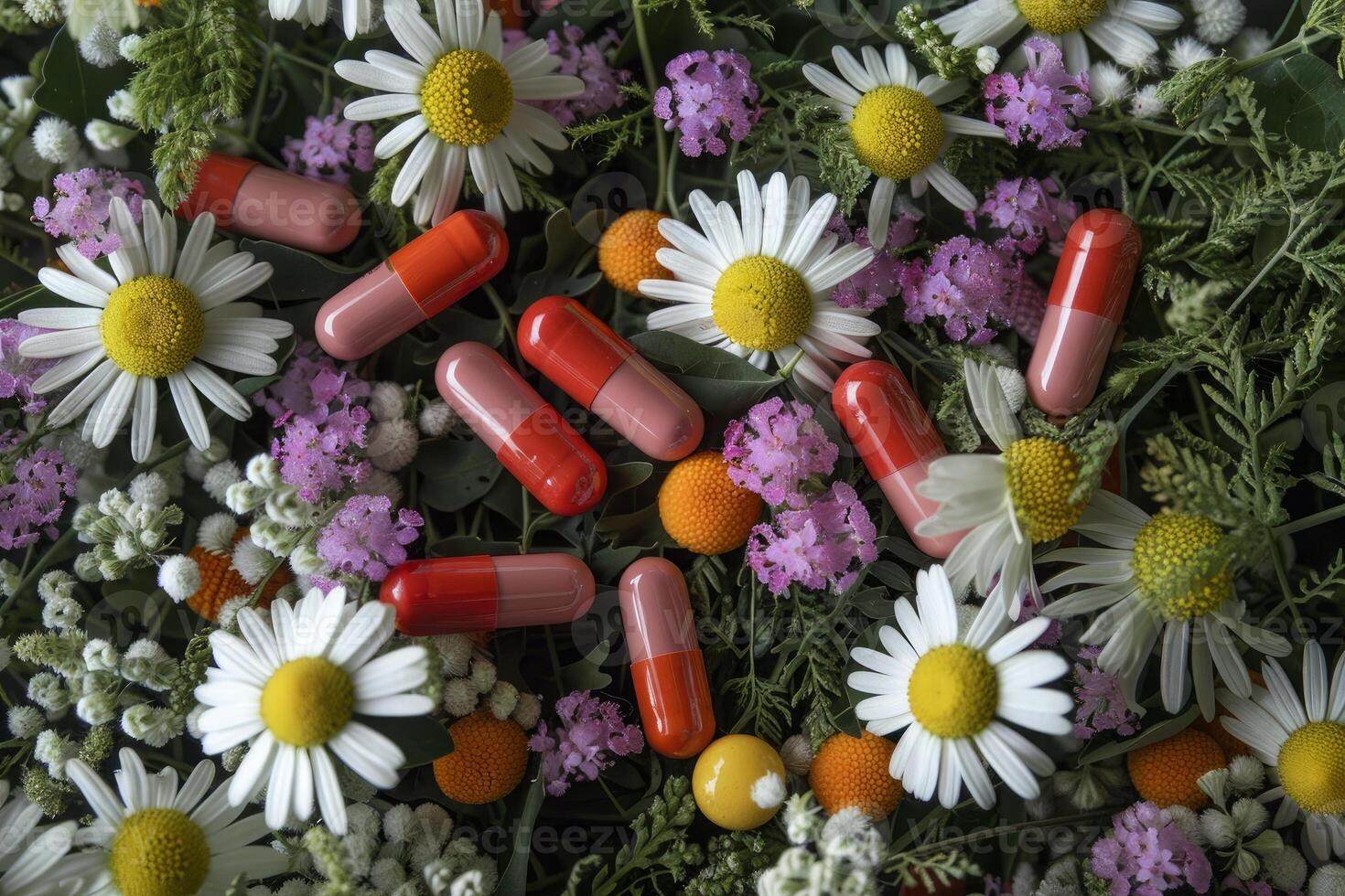 Red and pink pills lying on a bed of chamomile and wild flowers photo