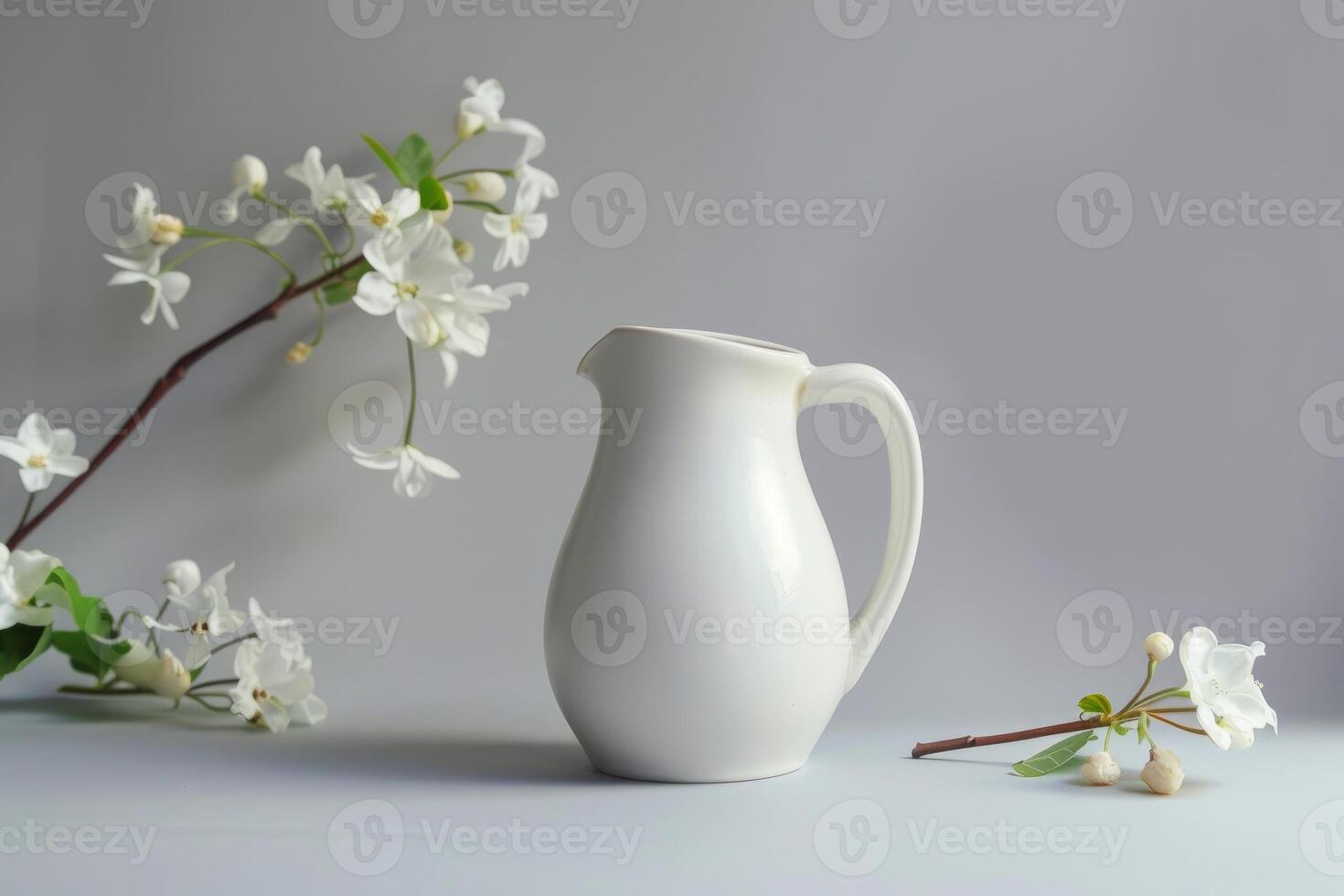 White jug standing on table being surrounded by apple blossoms photo