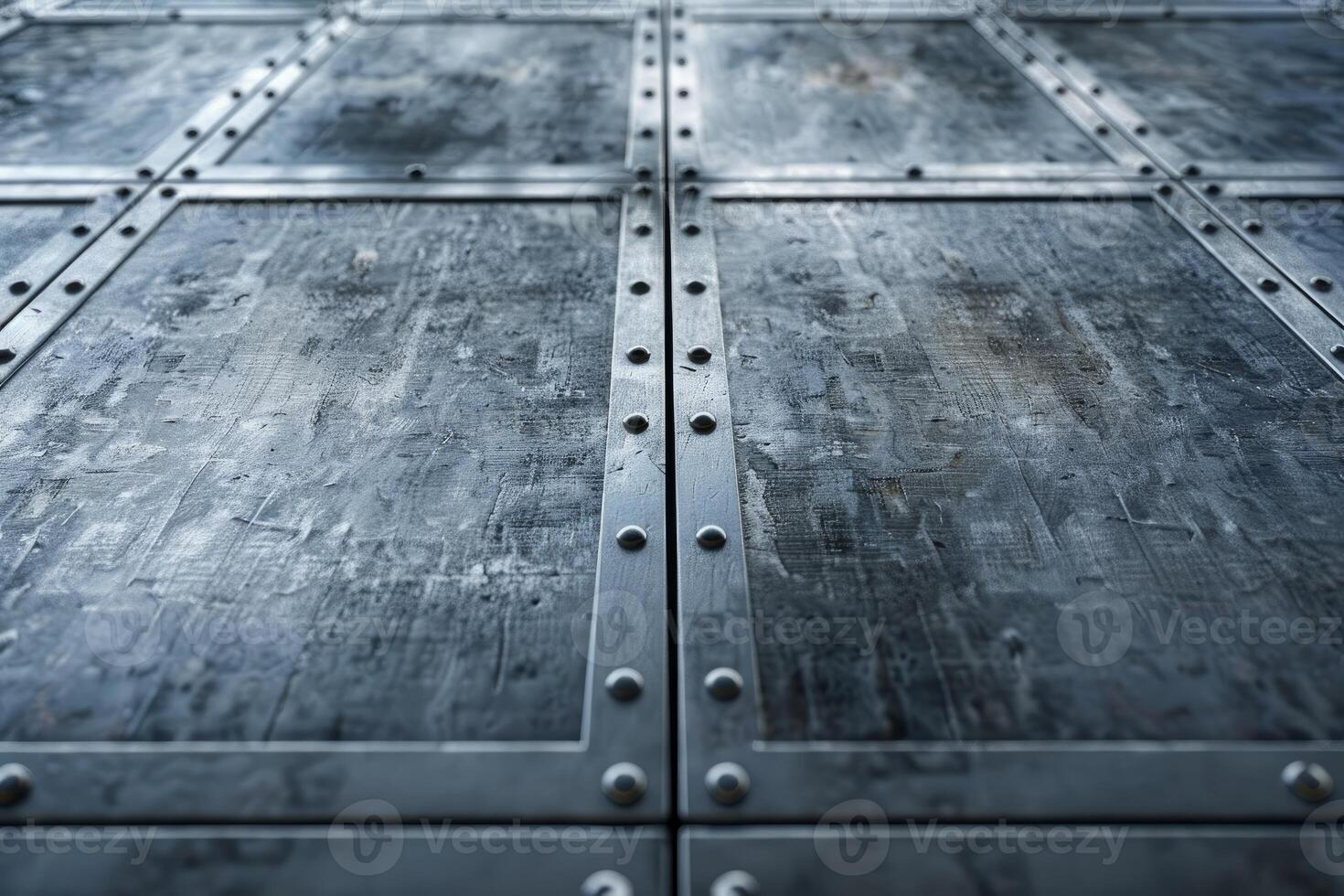 Perspective view of a large metal surface constructed with rivets and square plates photo