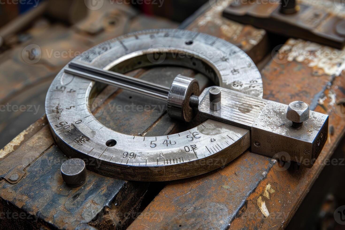 Old circular protractor lying on a metal workbench in a workshop photo